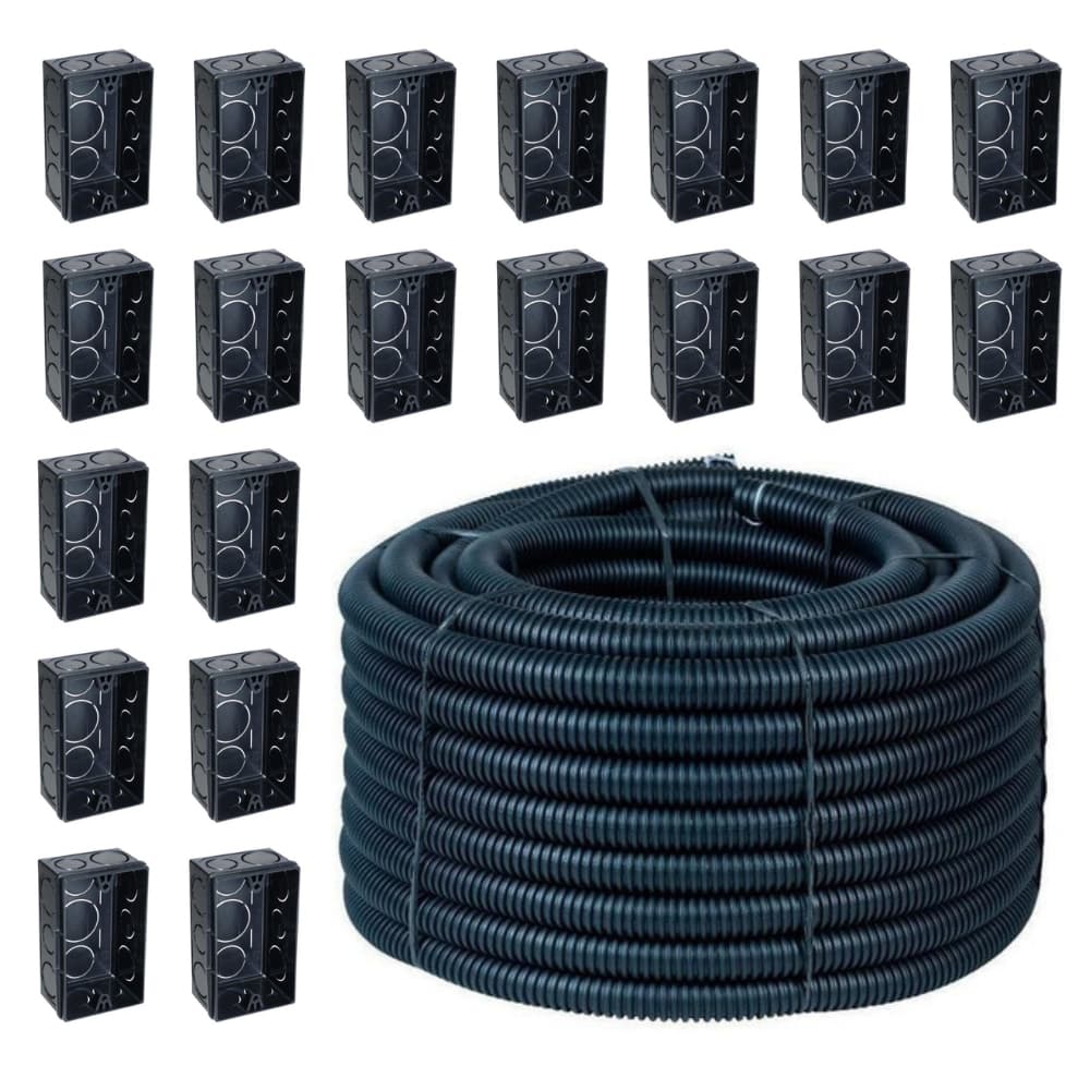 Kit 50 Metros Conduíte Eletroduto Corrugado 3/4 + 20 Caixa De Luz Caixinha 4x2 Embutir Preto