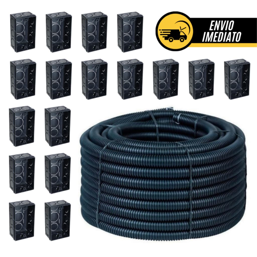 Kit Conduíte Corrugado 50 Mts Reforçado 3/4 + 20 Unidades Caixa De Luz 4x2 Preta De Embutir Promoção