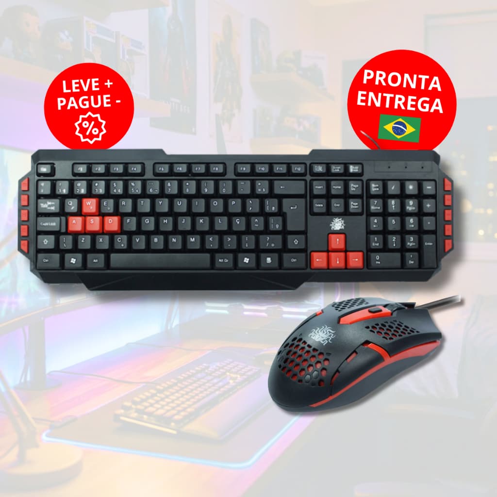 Teclado Mouse Gamer Multimídia Lateral USB ABNT2 Teclas Destacadas