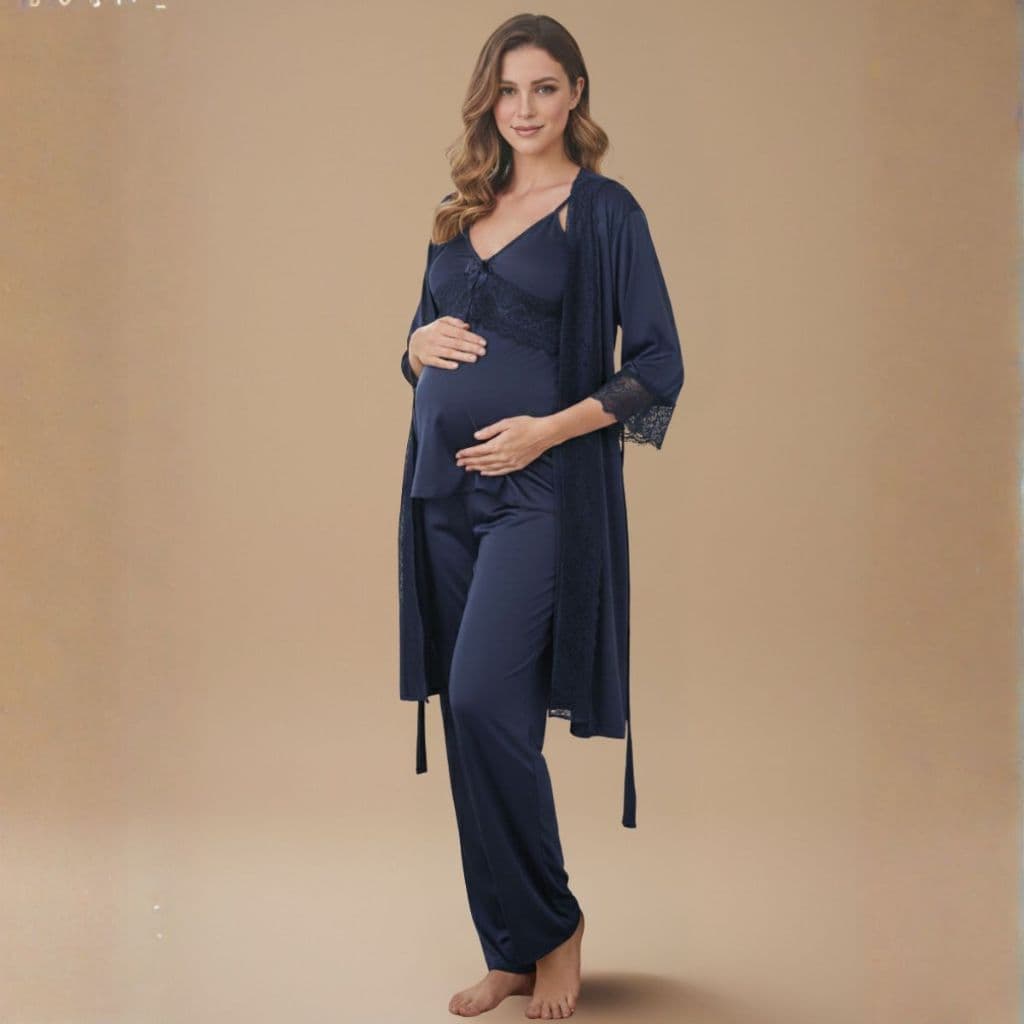 KIT Pijama Amamentação BabyDoll com CALÇA Longa e Blusa Com Click + ROBE em Renda