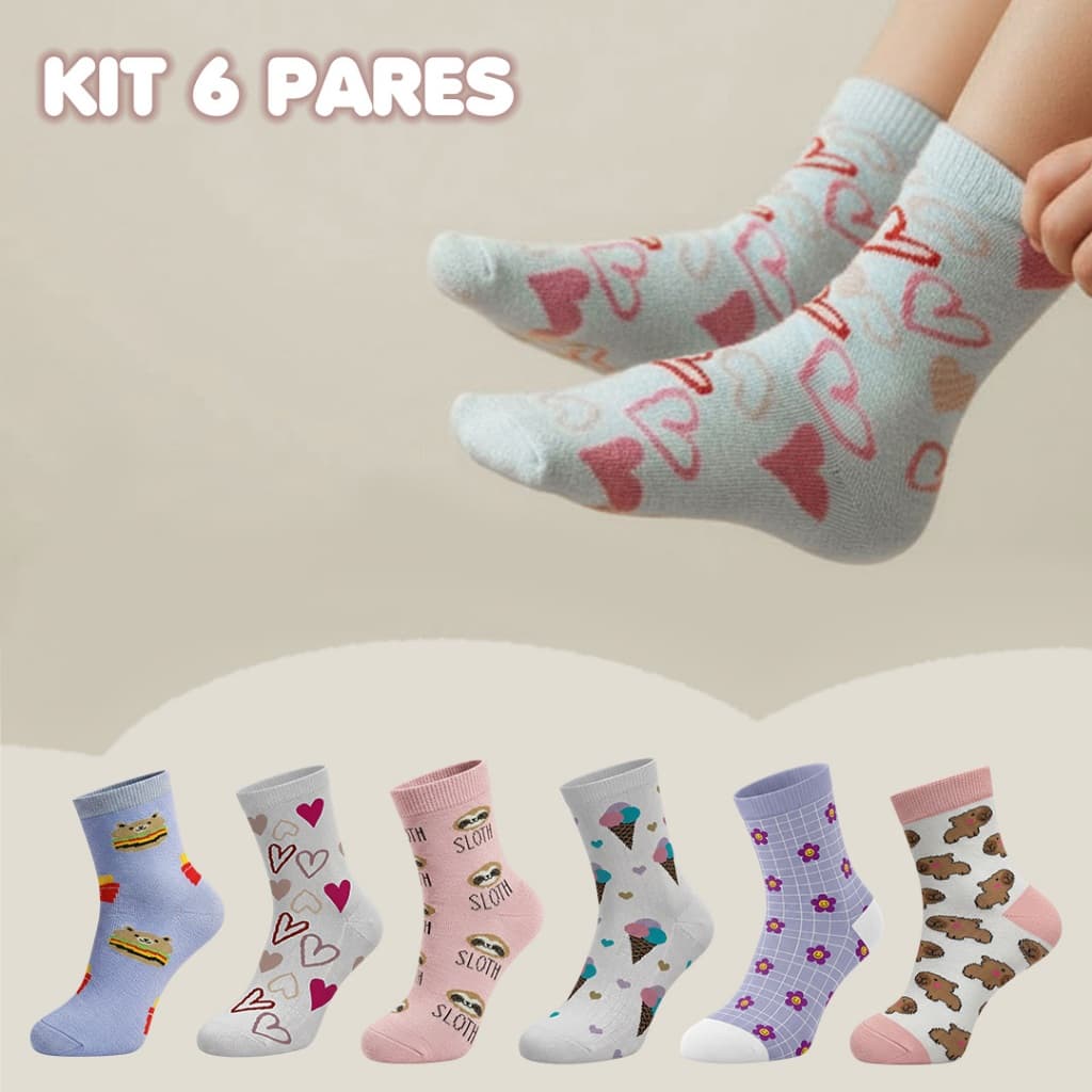 Kit 6 Pares Meia Infantil Criança Menino Menina Criança Coloridas Estampadas Escolar Cano Médio