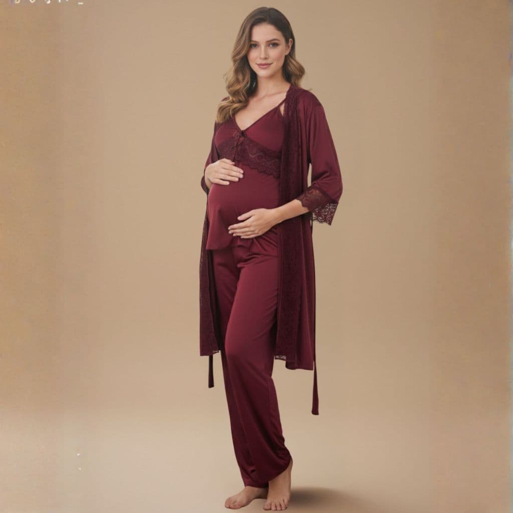 KIT Pijama Amamentação BabyDoll com CALÇA Longa e Blusa Com Click + ROBE em Renda
