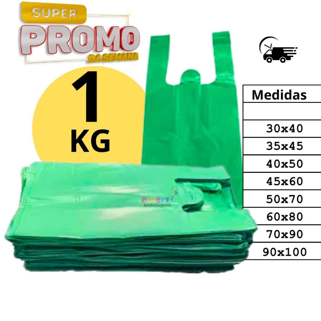 Sacola Reciclada Verde   Reforçada 1 KG Vários Tamanhos