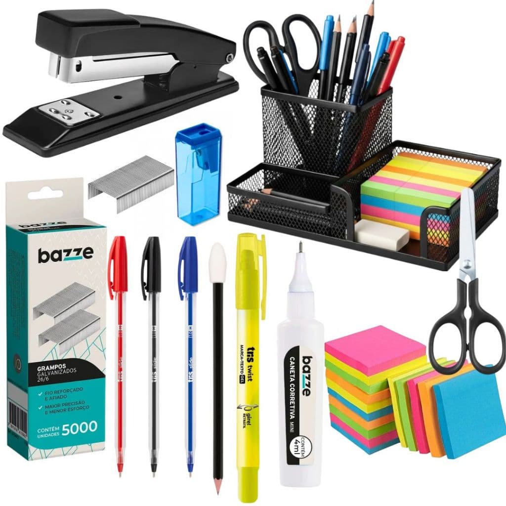 Kit Escritório Organizador Completo Grampeador + Grampo Blocos De Notas Tesoura Corretivo Caneta Marca-Texto