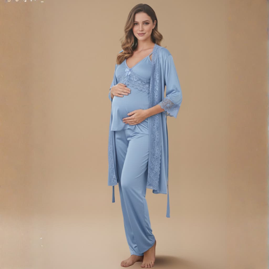KIT Pijama Amamentação BabyDoll com CALÇA Longa e Blusa Com Click + ROBE em Renda