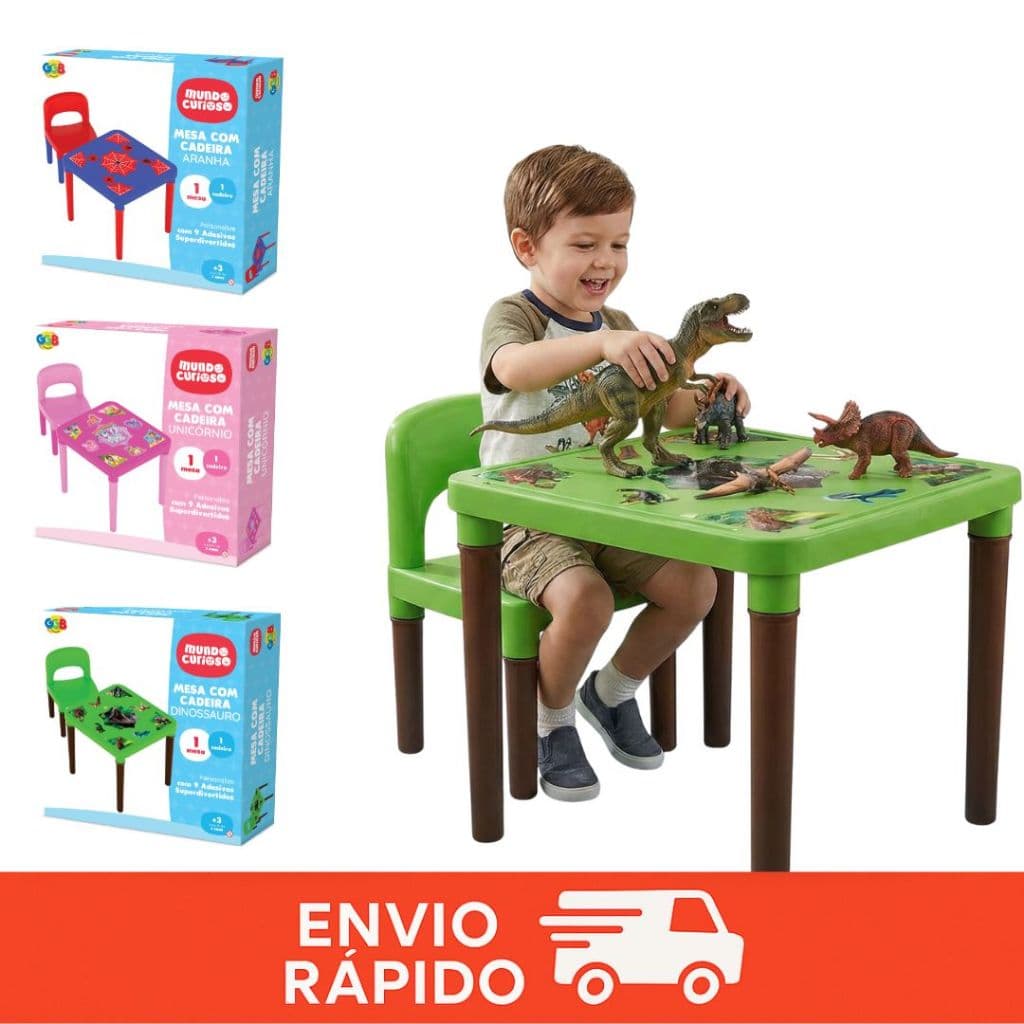 Kit Mesinha Mesa Infantil com 1 Cadeira Menino Menina Aranha Dinossauro e Unicórnio