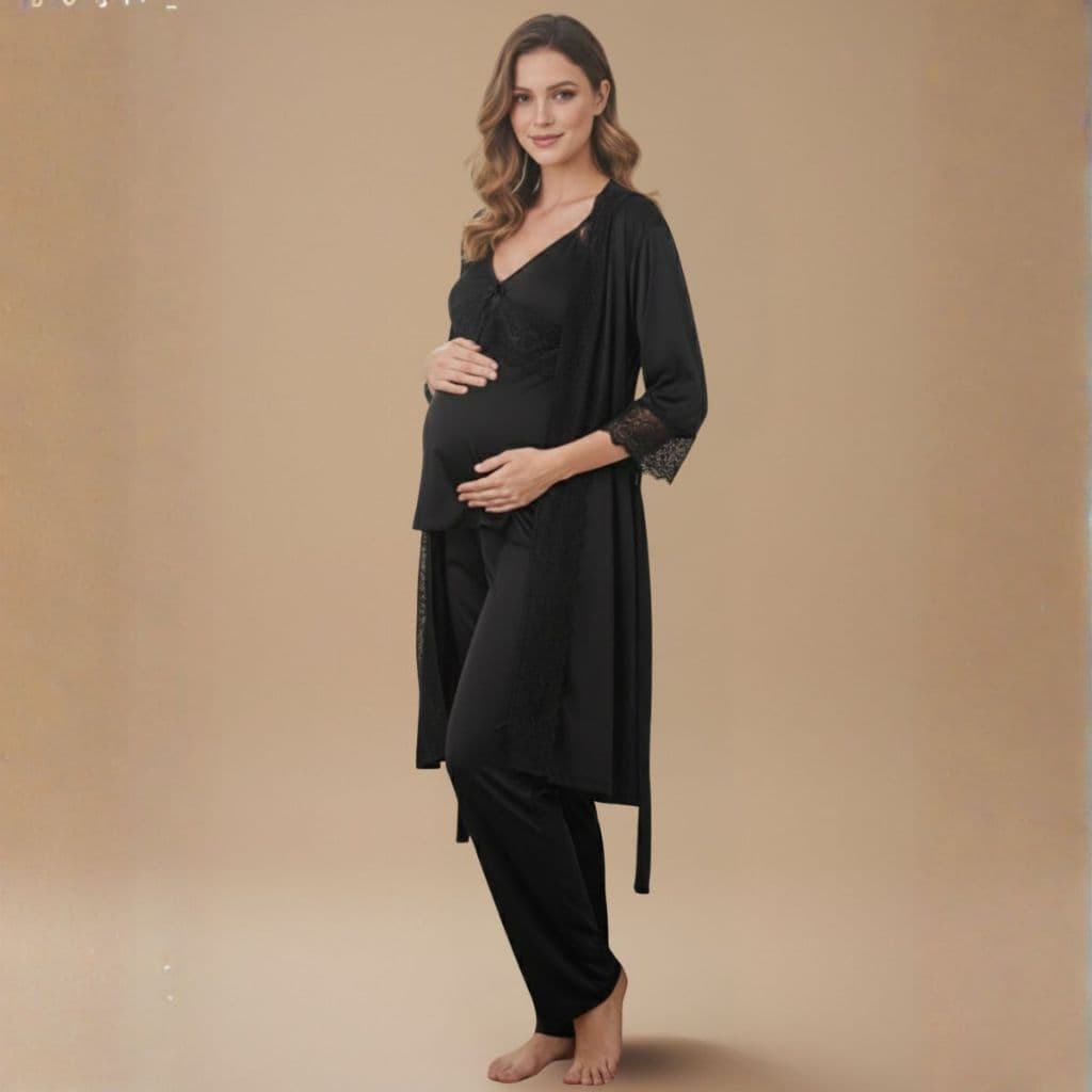 KIT Pijama Amamentação BabyDoll com CALÇA Longa e Blusa Com Click + ROBE em Renda