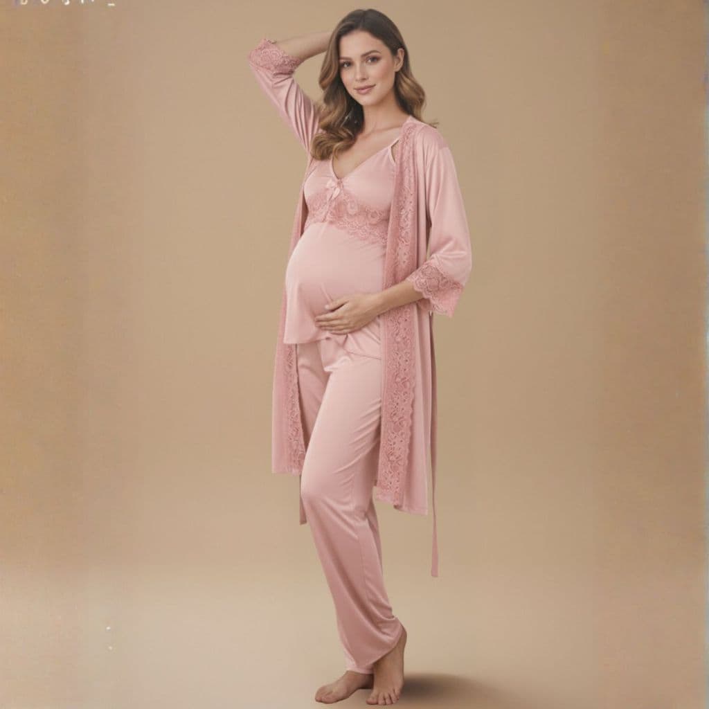 KIT Pijama Amamentação BabyDoll com CALÇA Longa e Blusa Com Click + ROBE em Renda