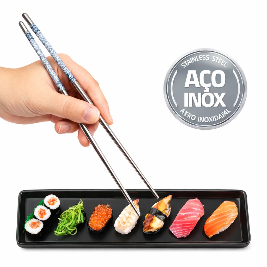 Hashi Japonês Aço Inox Durável Reutilizável Palitinho Oriental Resistente para Sushi Comida Oriental | Kit 1-5-10 Pares