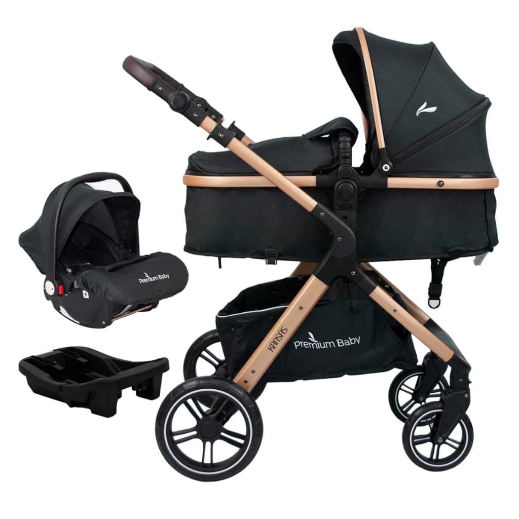 Carrinho De  Bebê Passeio E Bebe Conforto Travel System Moisés Reversível Kansas Premium Baby Gold/Preto
