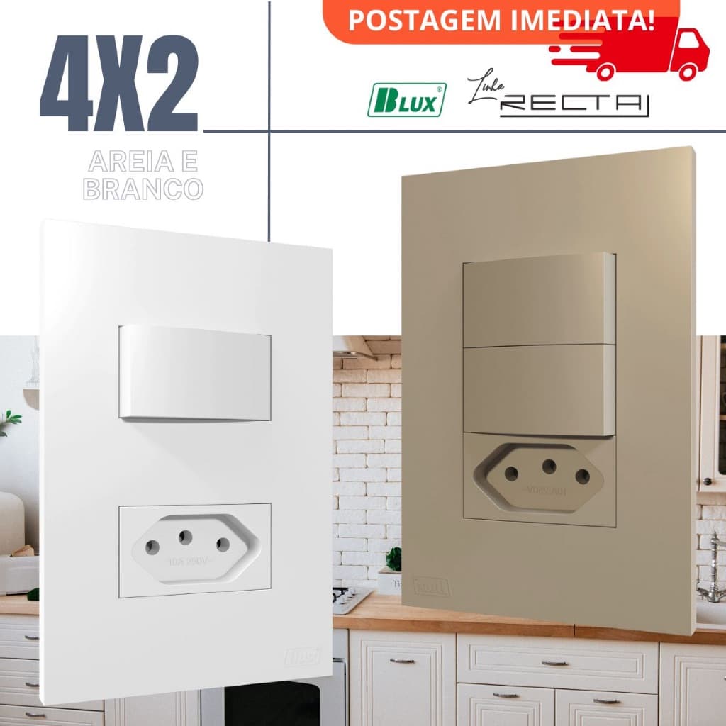 Conjunto Tomada Areia Branca 4x2 10a 20a Interruptor Simples Paralelo Recta Branco Satin Blux