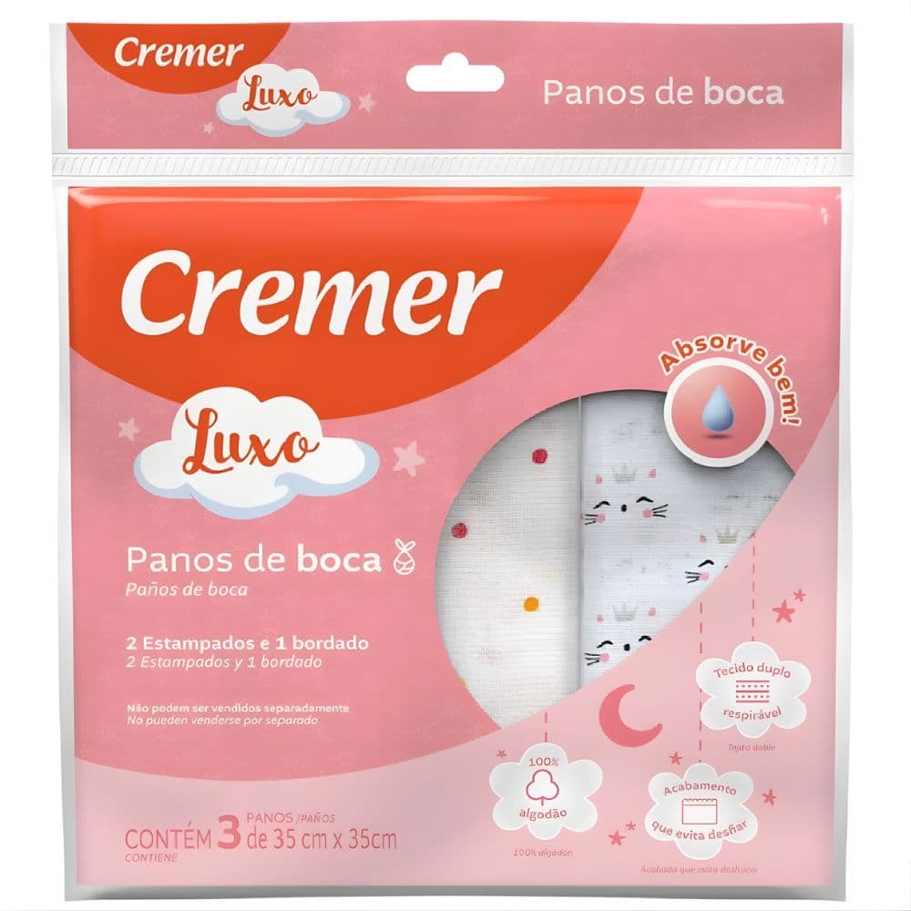 Pano De Boca Tecido Duplo Menina Bordado Com 3 Unidades