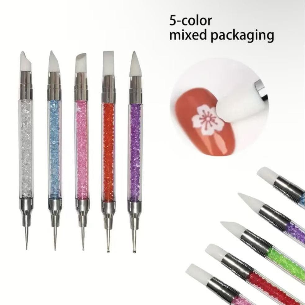 Kit 5 Pincéis Silicone 2 em 1 Ponta Dupla Unhas 3D Nail Art Profissional Manicure