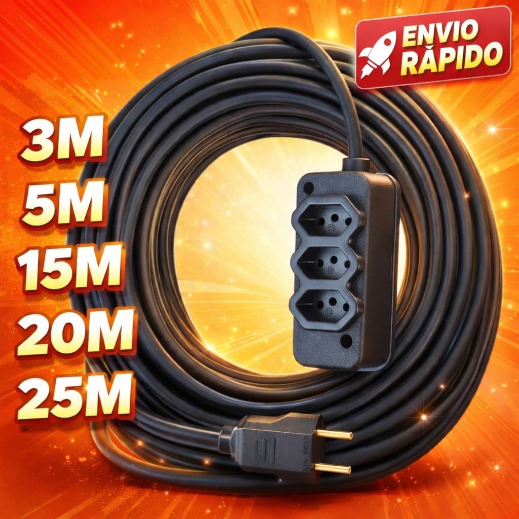 Extensão Elétrica CABO PP 2x2.5mm 20A/10A Resistente - 5/10/15/20/25 (METROS)