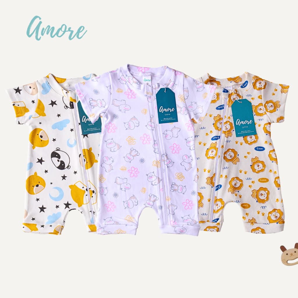 Macacão Bebê Amore Curto Verão Menina Menino Estampado 100% Algodão