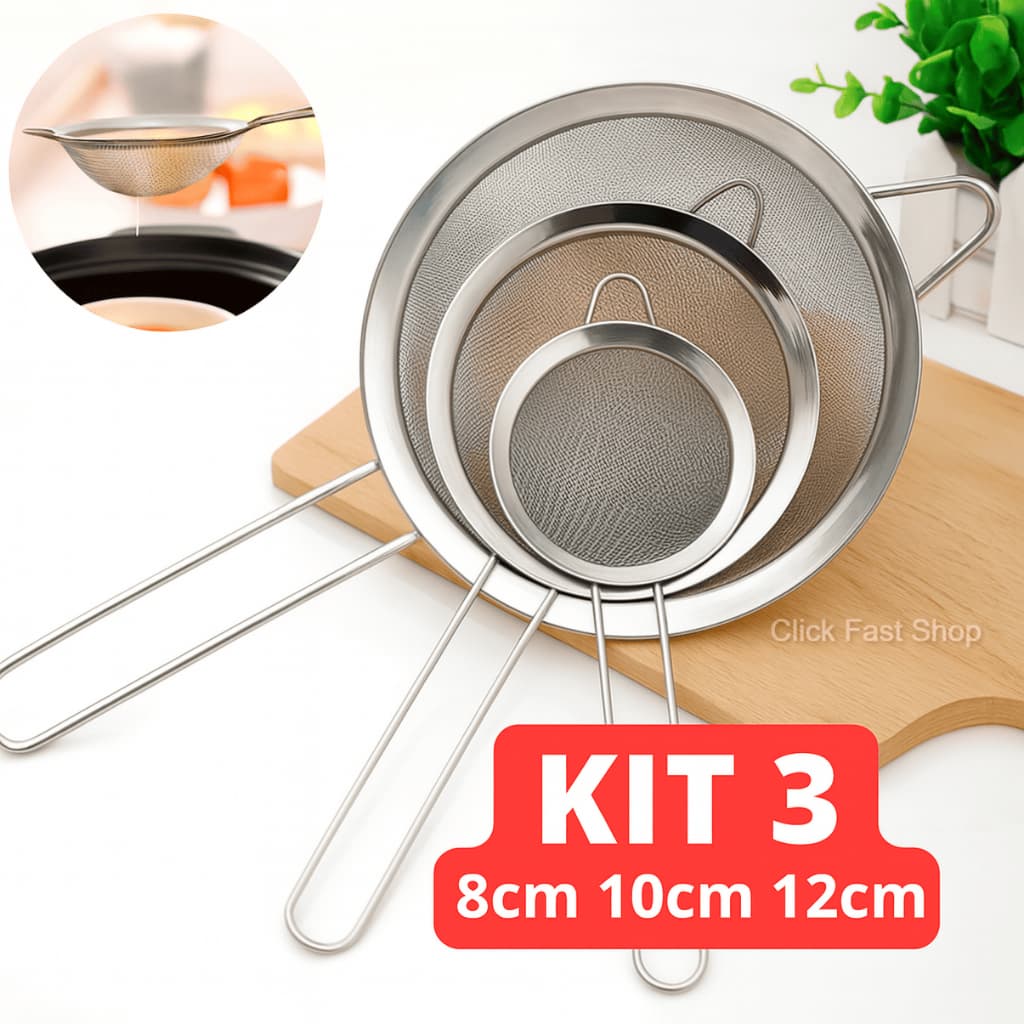 Kit 3 Peneiras Coador Manual Aço Inox Profissional Inoxidável Lavável Resistente Cozinha 8 10 12cm