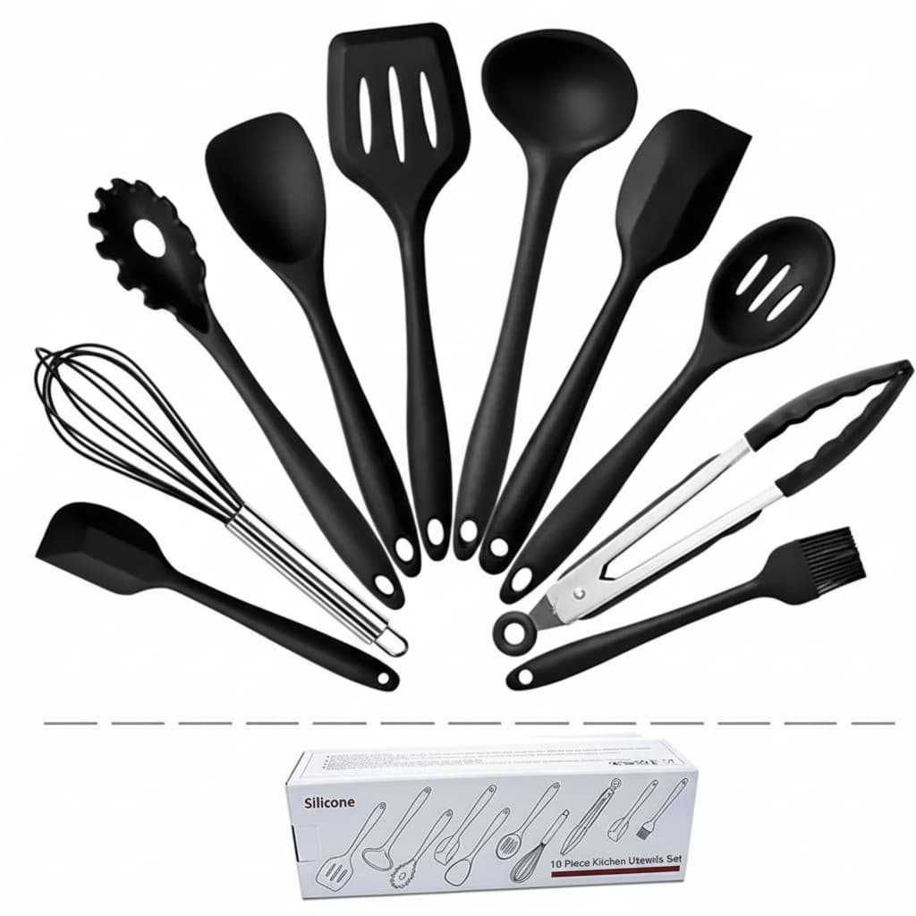 Kit Utensílios De Cozinha Silicone Premium 10 Peças, Preto, Resistente ao Calor, Jogo de Colher, Espátula, Concha.