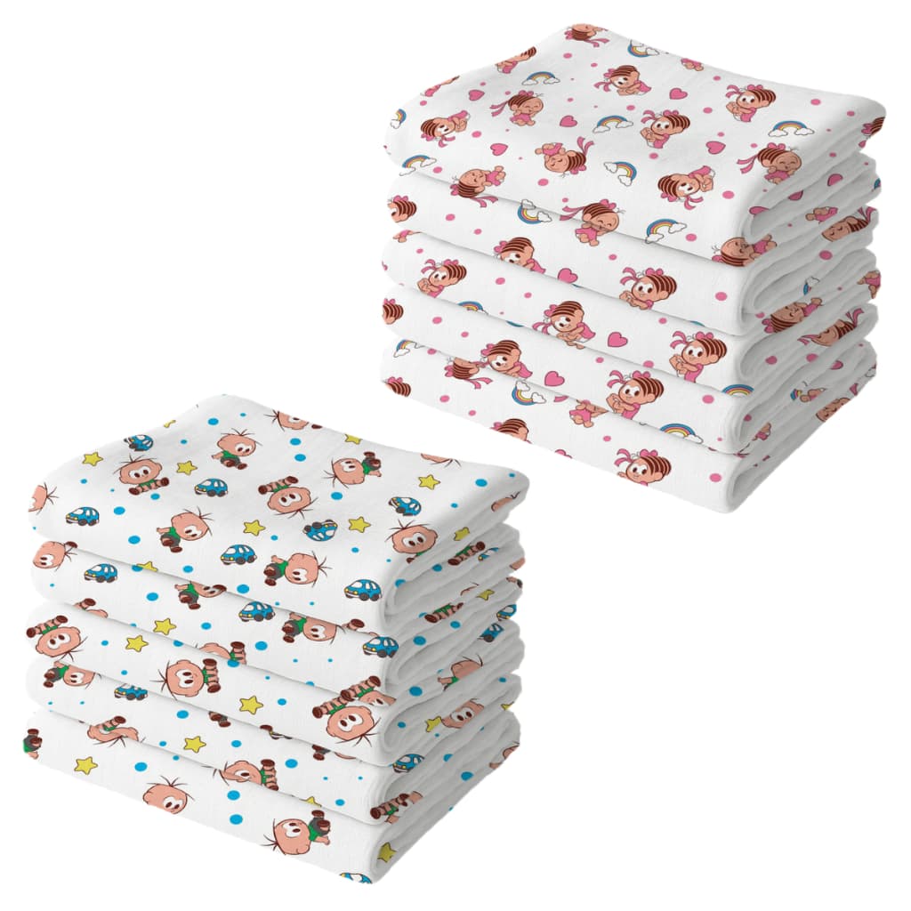 Pacote 5 Fraldas de Pano Luxo Bebê Turma da Mônica e Cebolinha Original100% Algodão Tecido Duplo | Kit Fraldinha Ombro
