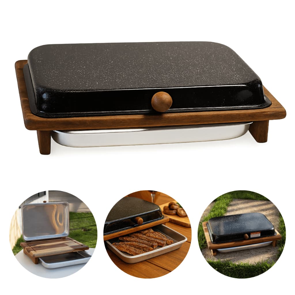 Tábua de Carne Para Churrasco e Corte de Carne Com Tampa Preta E Forma para Servir Madeira Teca 43cm