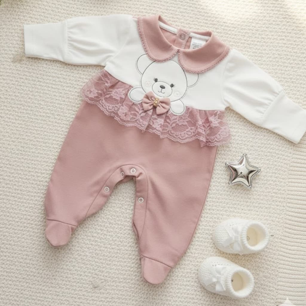 Macacão Bebê Ursinha Manga Longa com Gola Bordado Saida de Maternidade