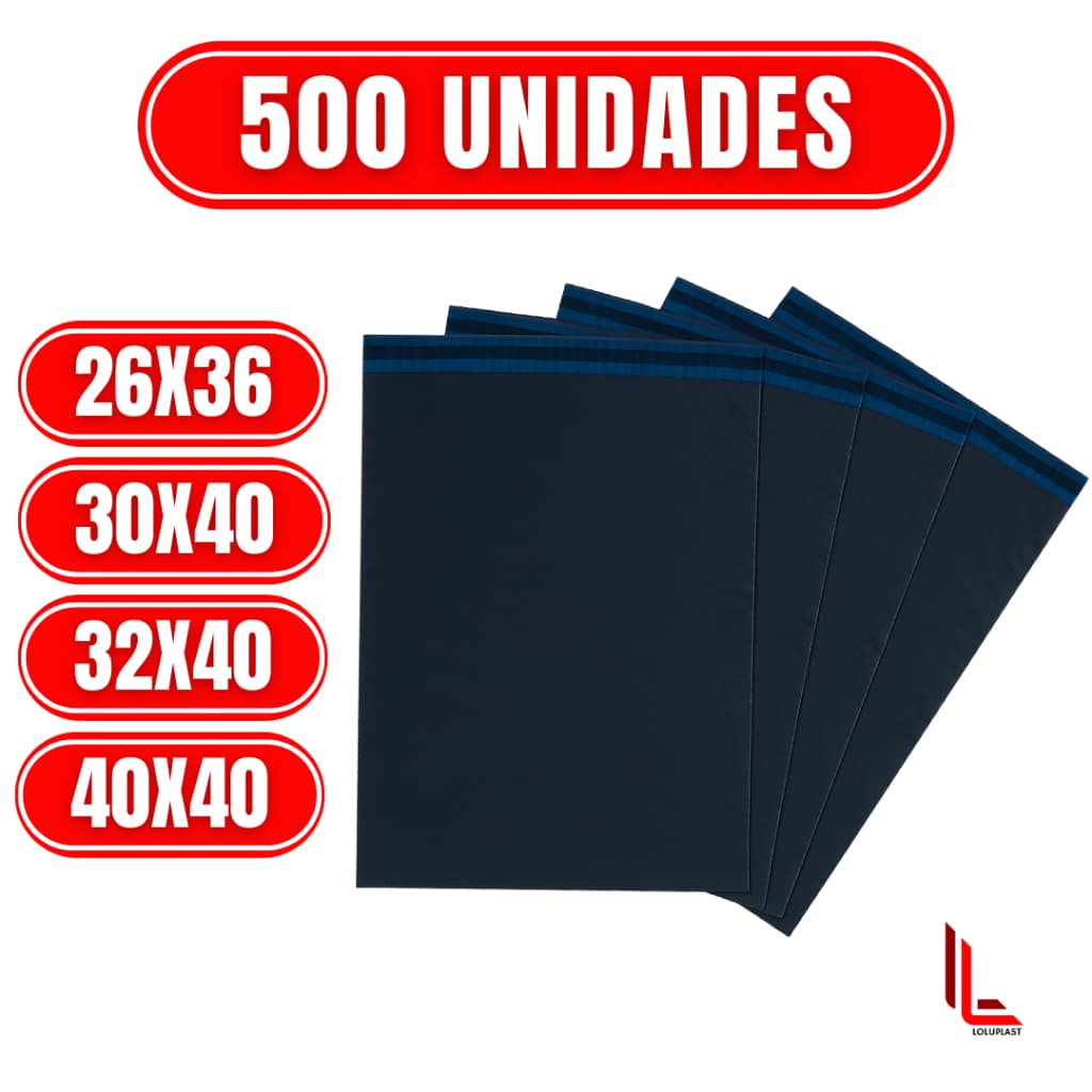 Kit 500 Envelopes de Segurança Plástico Inviolável Aba Adesiva Preto