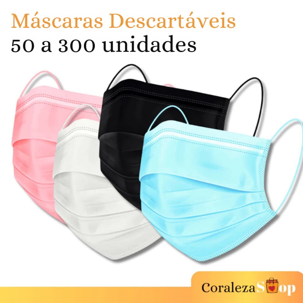 Máscara Descartável Tripla Camada e Clipe Nasal | 50 a 300 Unidades Cores Diversas - ENVIO IMEDIATO
