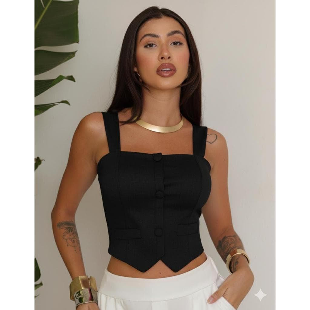 BLUSA CROPPED FEMININO BENGALINE COLETE ALÇA GROSSA COM BOTÃO E BOJO E ZÍPER