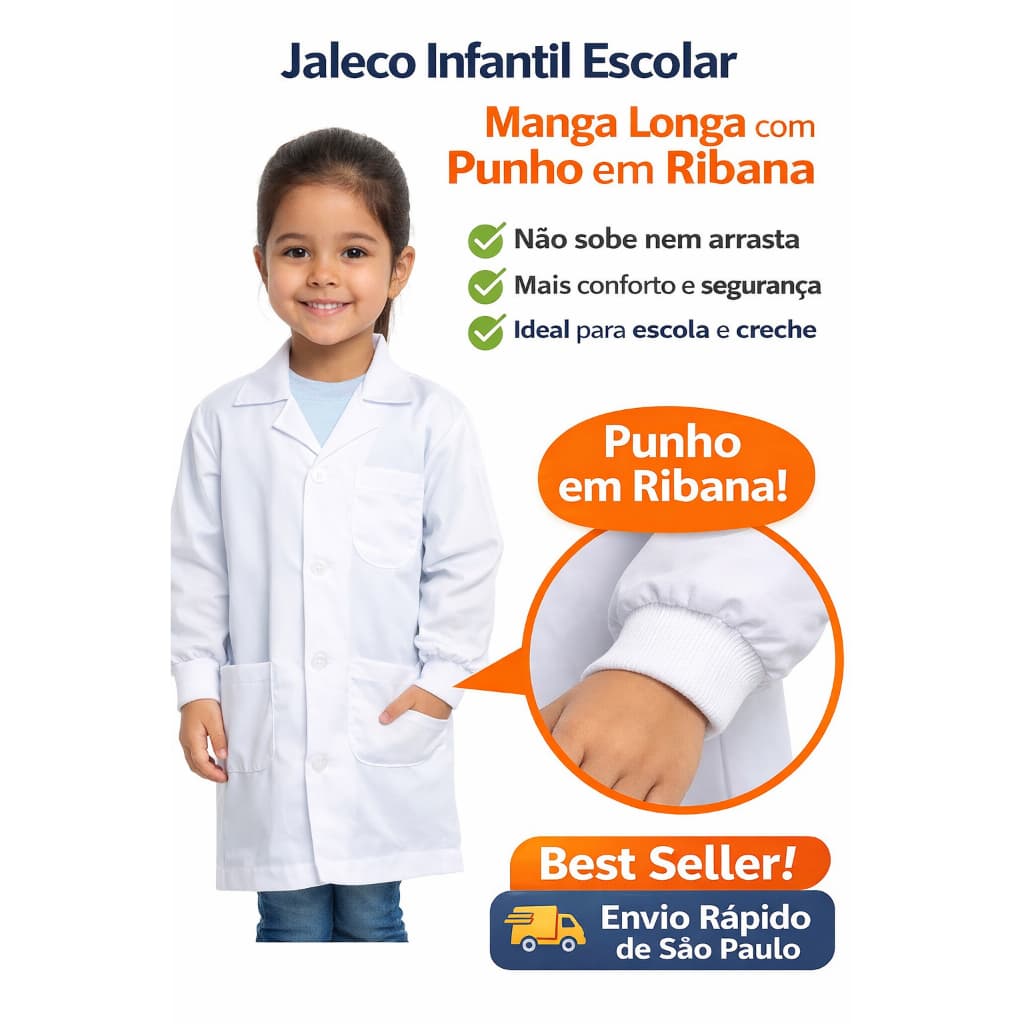 Jaleco Avental Infantil Unissex Manga Longa Com Punho Ribana Oxyford