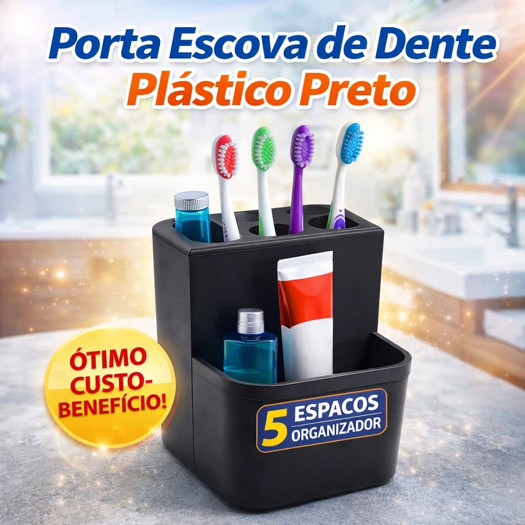 Porta Escova de Dente Plástico Preto com Dispenser de Pasta Organizador Kit Pia para Banheiro Moderno