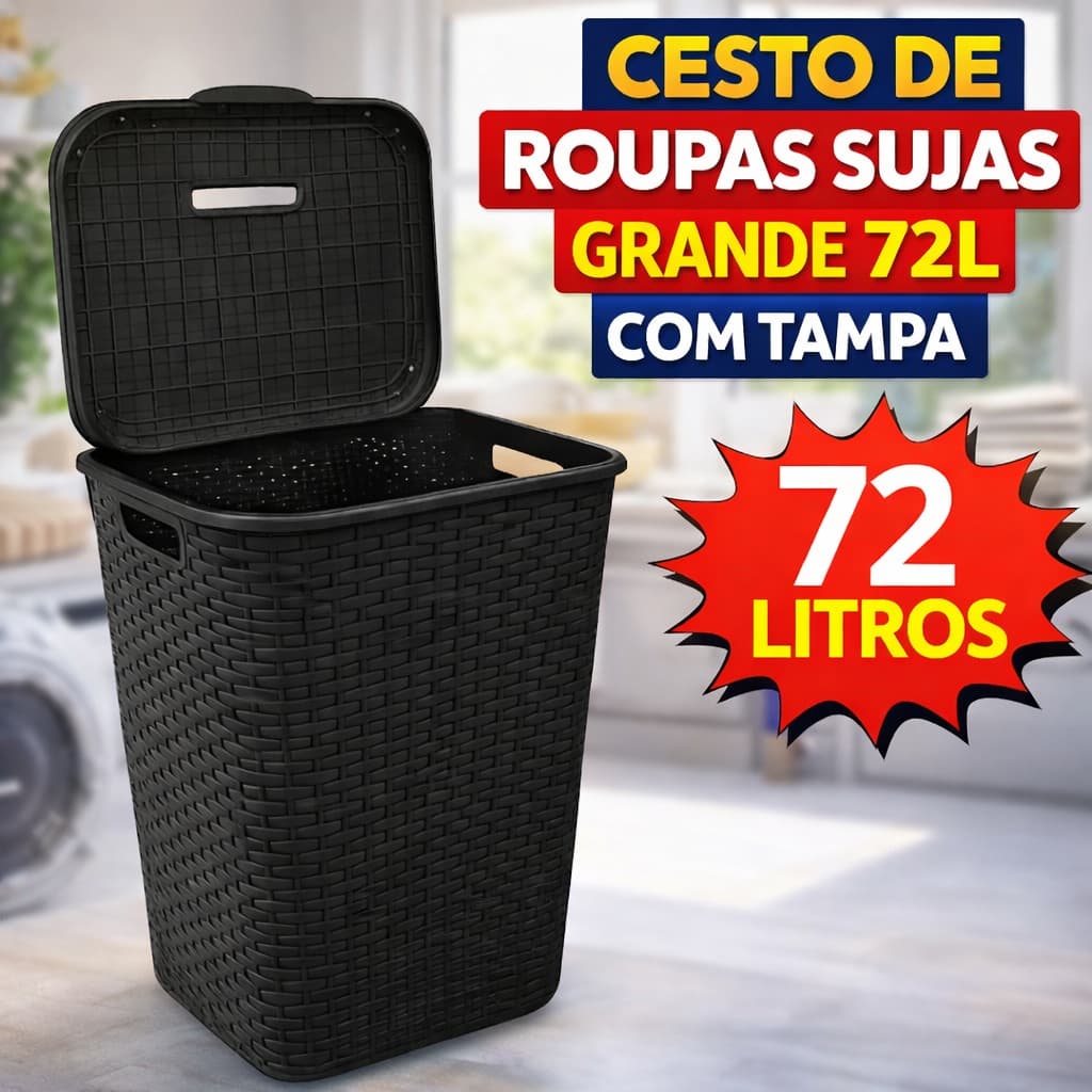 Roupeiro Cesto de Roupa Suja Grande 72L com Tampa Rattan para Lavanderia Banheiro Multiuso Gigante Família Premium