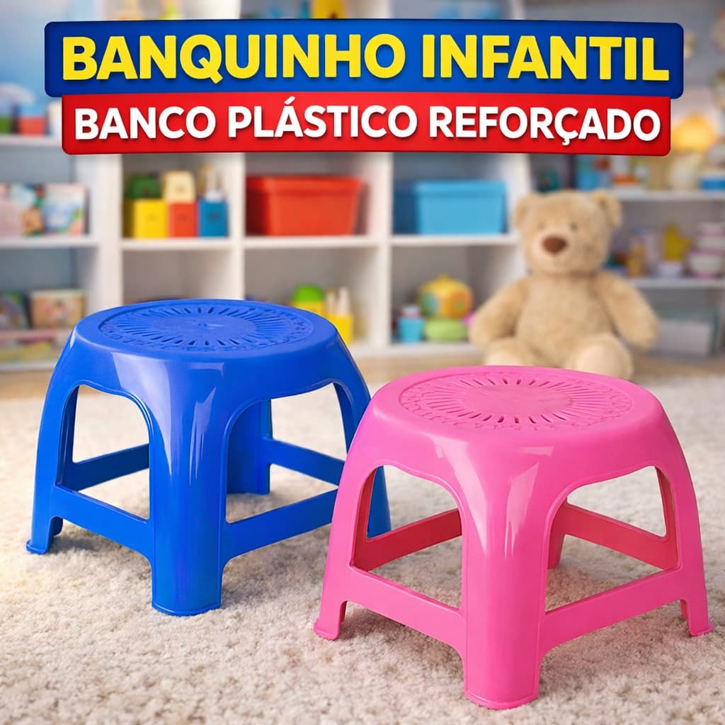 Banquinho Infantil Banco Plástico Reforçado Empilhável Rosa Azul Criança Fofo Banqueta Até 25kg