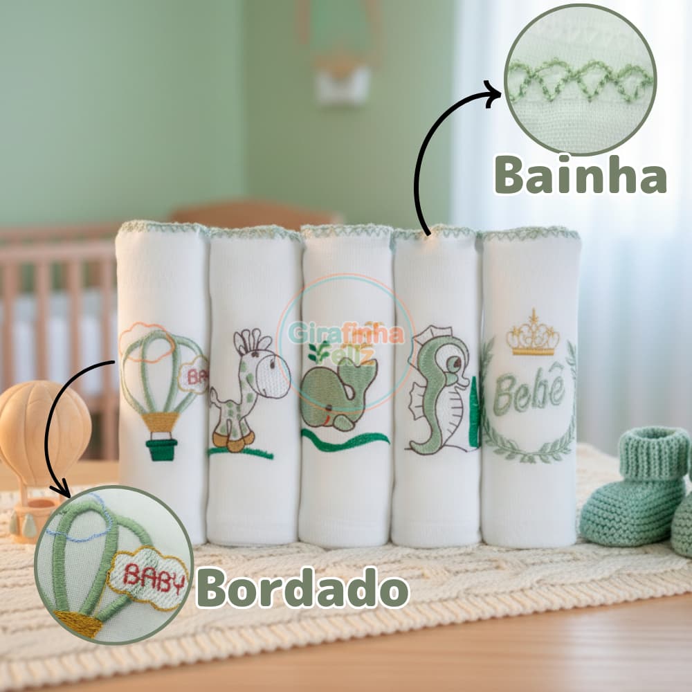 Kit 5 Fraldas de Pano Para Bebê Bordadas 70x70cm Tecido Duplo 100% Algodão Enxoval Menino Menina