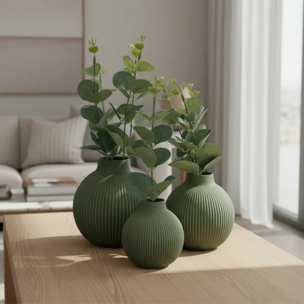 Trio De Vasos Decorativos Com Flor de eucalipto verde Artificial