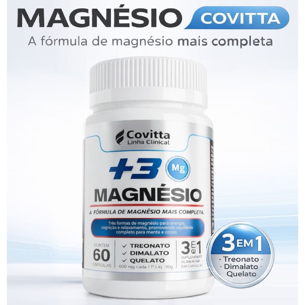 Suplemento Magnesio 3 em 1 Covitta 60 capsulas - Dimalato, Quelato, L-Treonina