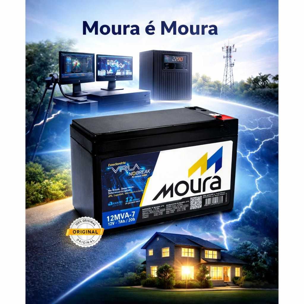 Bateria Moura 12MVA7 Estacionária VRLA AGM – Nobreak, Alarme, Cerca, CFTV, Luz de Emergência.