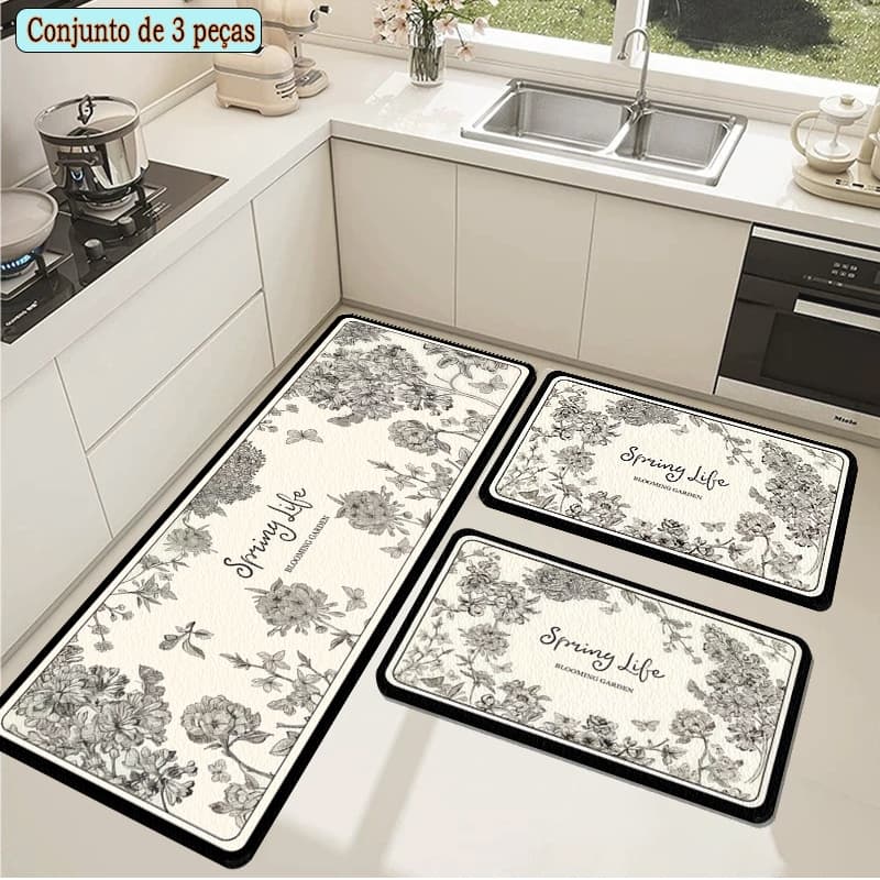 Kit 3 peças Tapetes de Cozinha - Super Absorvente Secagem Rápida Fácil de Lavar e Antiderrapante