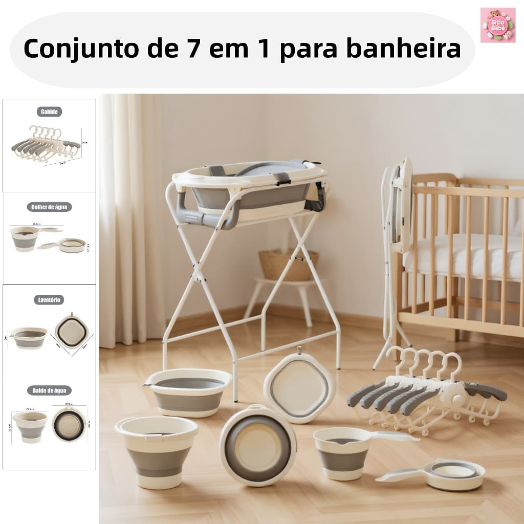 Banheira 7 em 1 Infantil De Bebê Dobrável Com Suporte Almofada Cinza