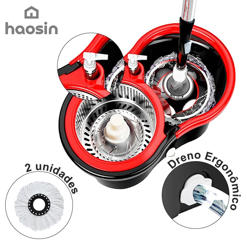 Haosin Mop Girátorio Esfregão 360° de Aço inoxidável Cleaner Profissional Cabo Reforçado Sistema14L 2 Refil