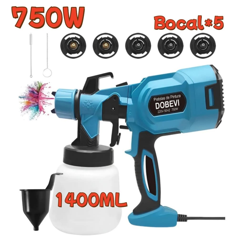 1400ML Pistola Pintura Elétrica Pulverizador 750w C/5 Bicos Grande Capacidade Pulverizador de Tinta