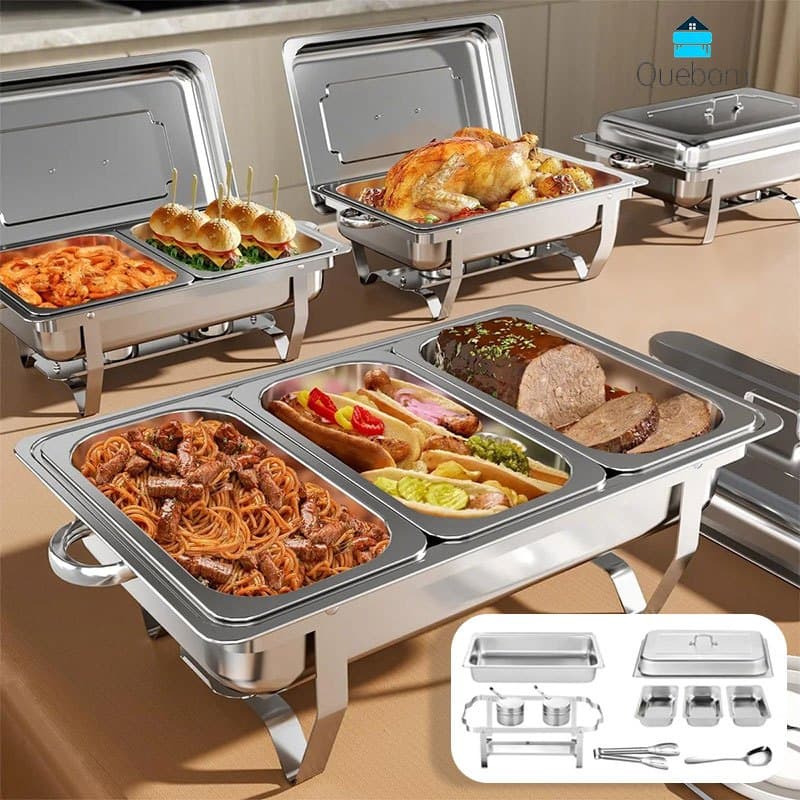 Rechaud Inox 12 Litros Profissional Retangular Banho Maria Kit Completo 6 Peças para Buffet Grande