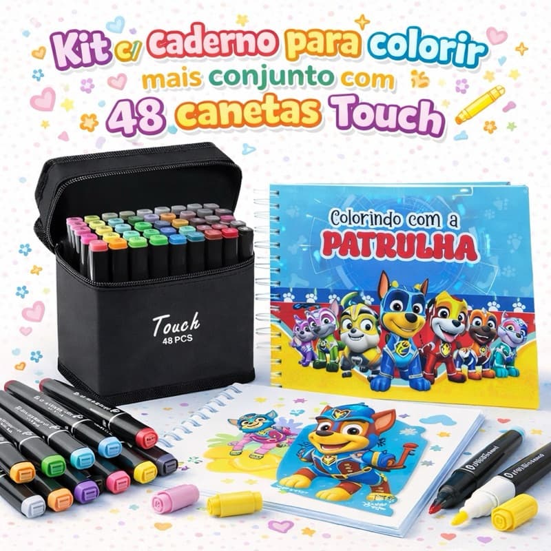 Kit Livro De Colorir Patrulha canina + Canetas de colorir touch C/48 Cores