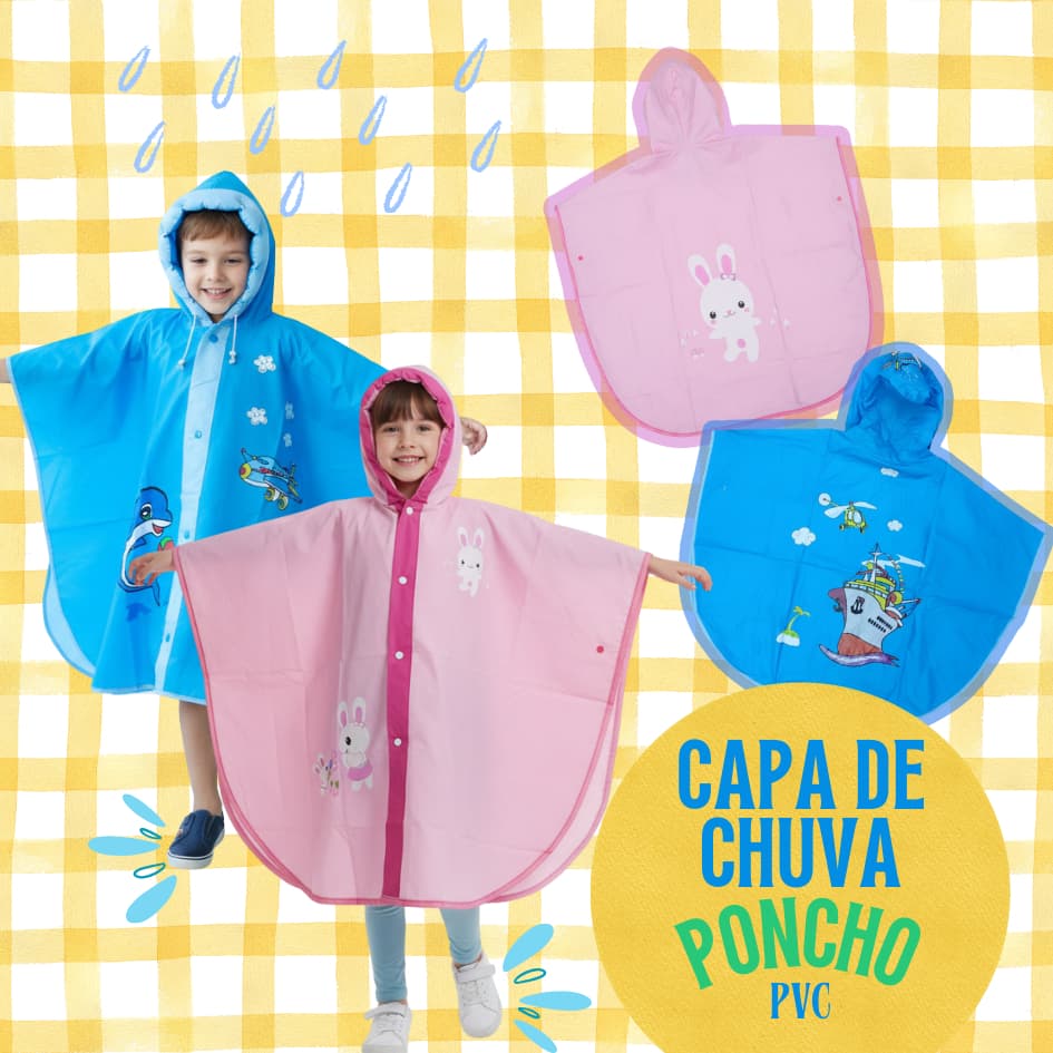 CAPA DE CHUVA INFANTIL PONCHO PVC IMPERMEÁVEL