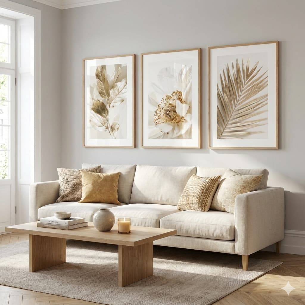 Kit Quadros Decorativo 3 peças 120X60 MDF Folhagem Dourada Gold Decoração Moderna Sala Hall Entrada