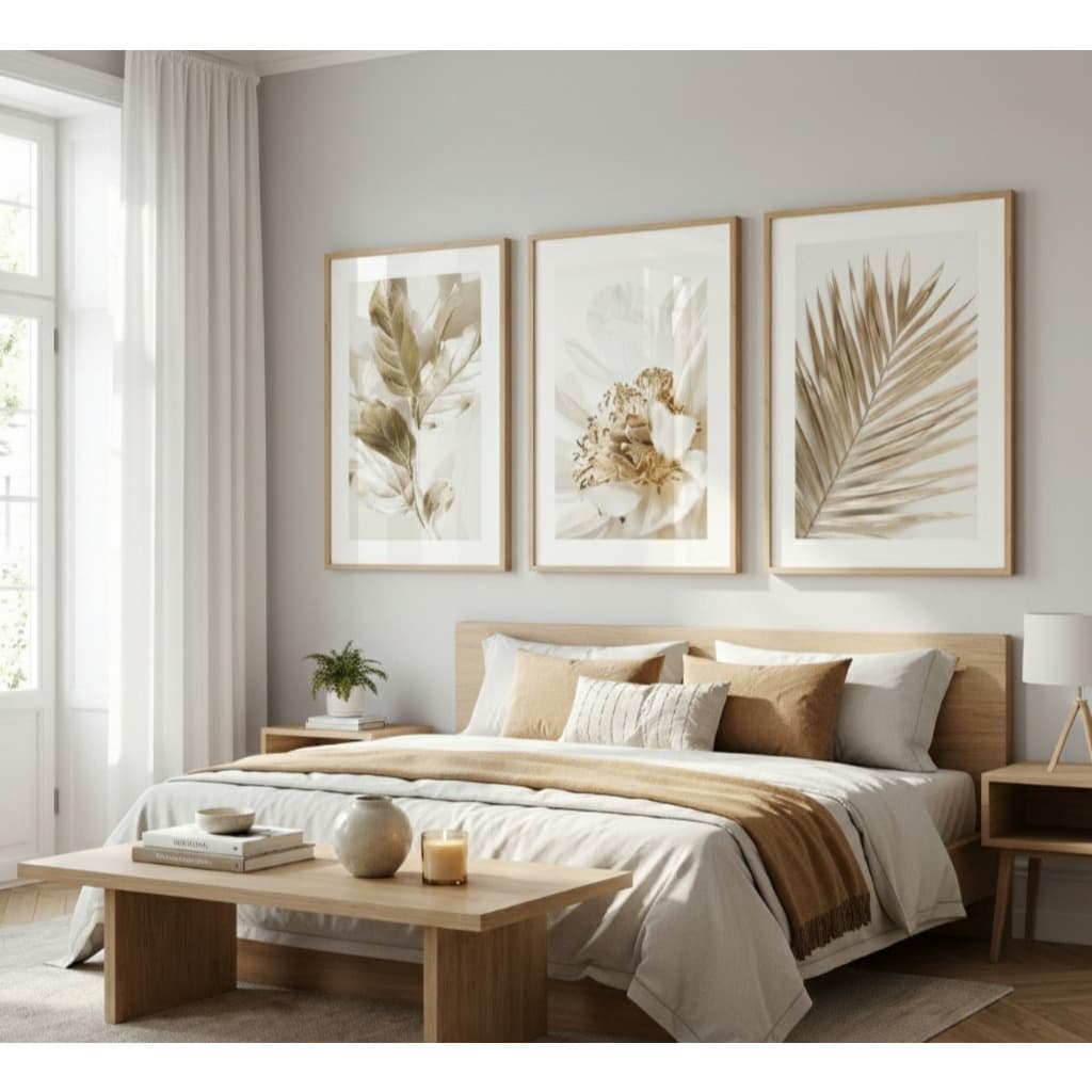 Kit Quadros Decorativo 3 peças 60x40 Mosaico MDF FULL HD Abstrato Folhas Dourada Decoração Sala Hall