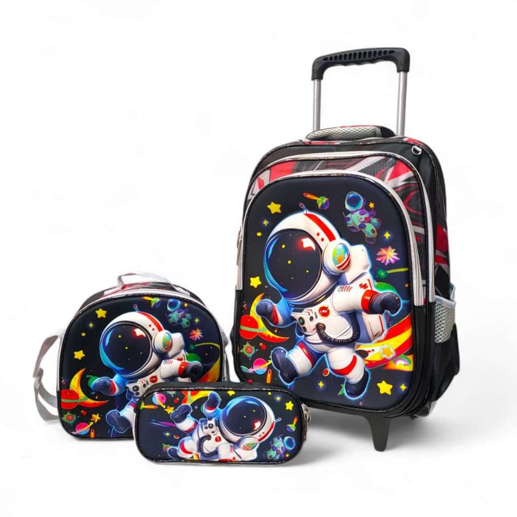 Kit Mochila Infantil com Rodinhas Astronauta 3D com LED ao Toque + Lancheira Térmica e Estojo