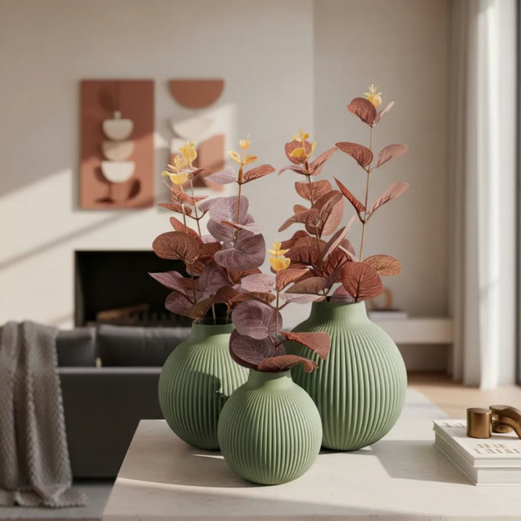 Trio De Vasos Decorativos Com Flores de eucalipto Artificial