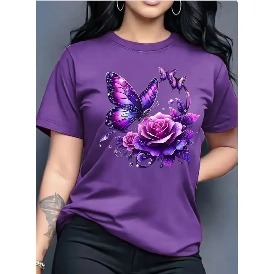 Camiseta Feminina 100% Algodão Premium BORBOLETA FLORAL Casual Envio em 24 Horas