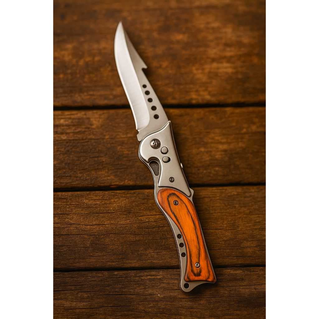 Canivete Esportivo Automático 25 cm Luxuoso Cabo De Madeira Saque Rápido Com Lanterna Camping Pesca