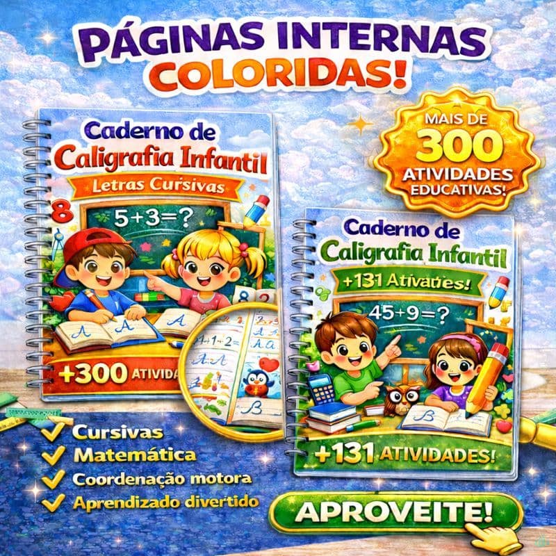 Livro Apoio Escolar Letras Cursivas Caderno De Caligrafia Infantil 300 ou 131 Atividades Colorido