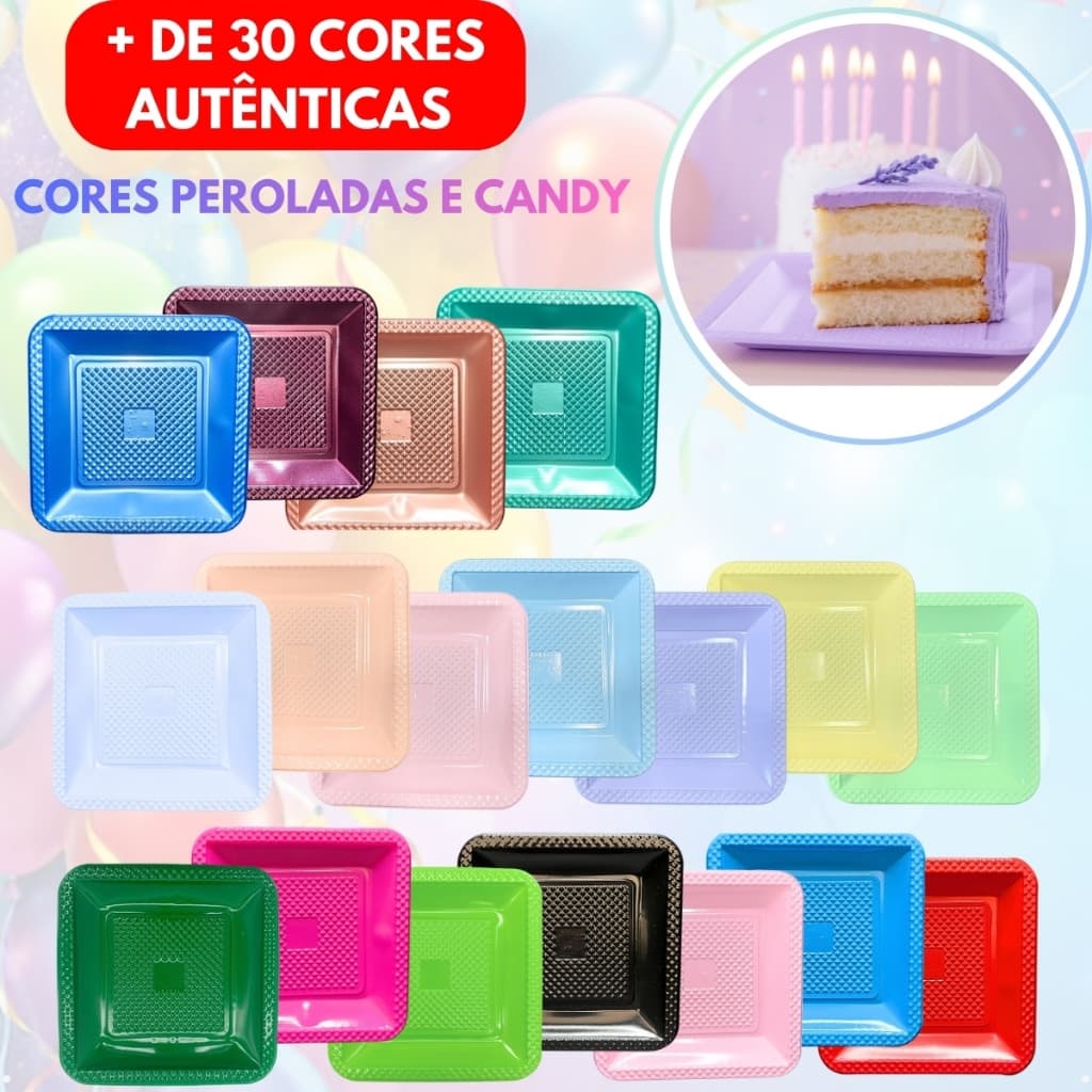 Kit Prato Descartável Quadrado Diamante Luxo Premium Aniversário Festas Pratinho Sobremesa Bolo Perolado Candy Cor Paste